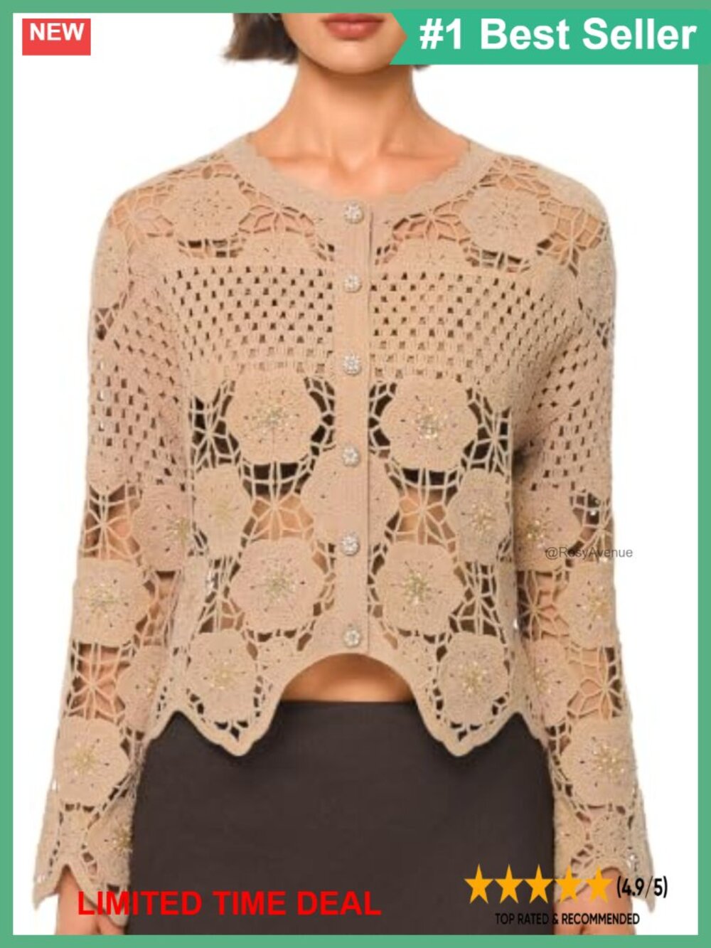 Crochet Cardigan 3D Floral Sequin Button Sweater